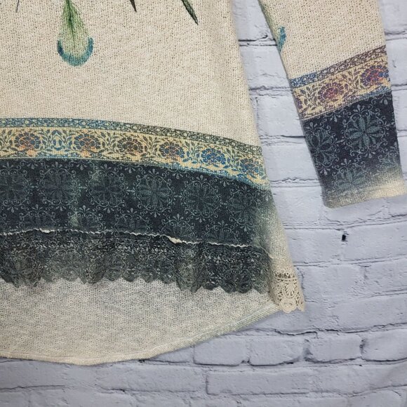 Vocal Tunic Sweater Womens M Boho Feather Airbrushed Design Lace Trim USA - Picture 3 of 10